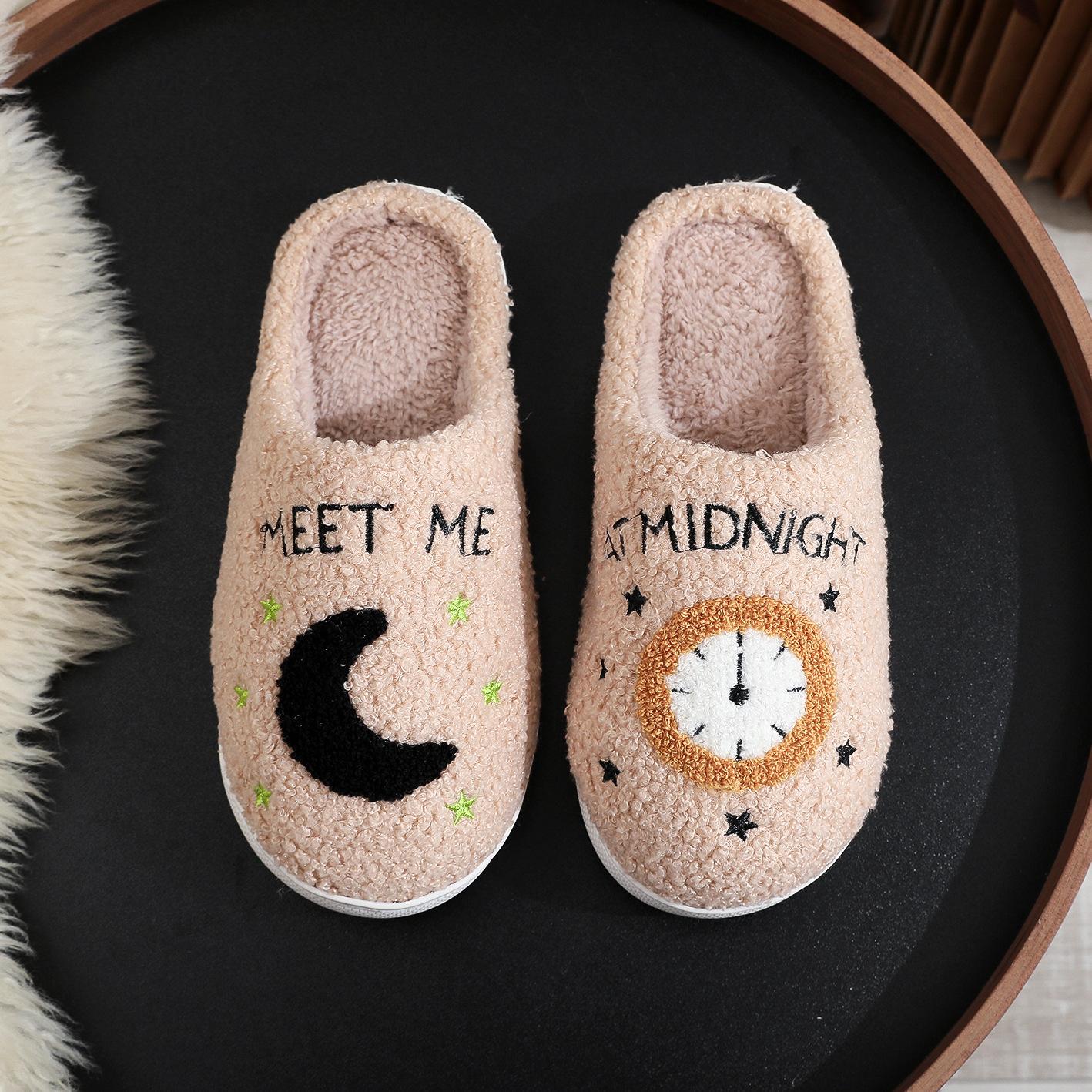Fashion Moon And Clock Print Home Slippers Winter Warm Floor Bedroom House Shoes For Women 13