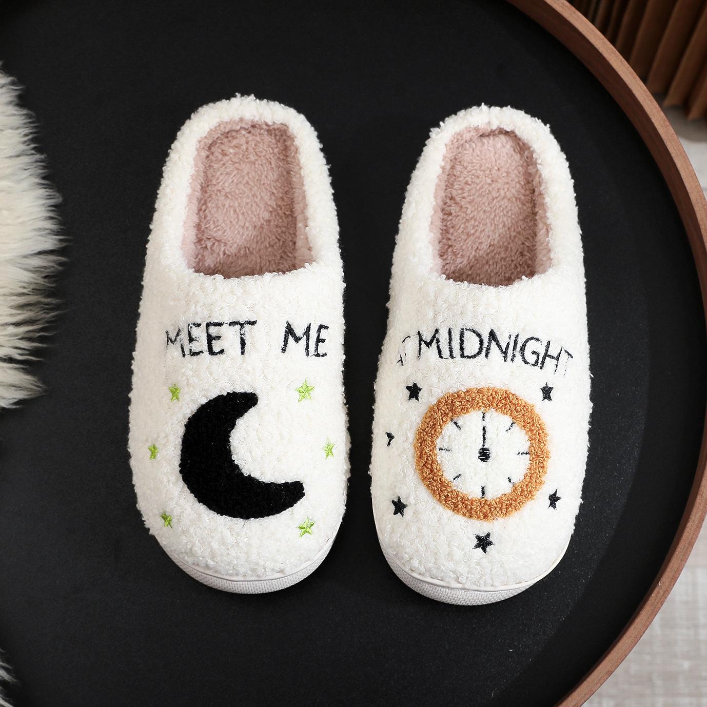 Fashion Moon And Clock Print Home Slippers Winter Warm Floor Bedroom House Shoes For Women 9