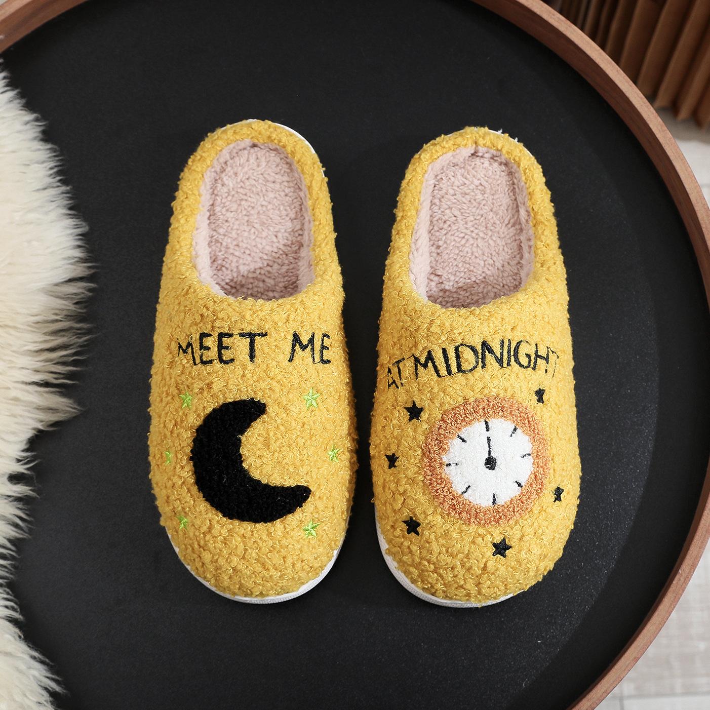 Fashion Moon And Clock Print Home Slippers Winter Warm Floor Bedroom House Shoes For Women 12