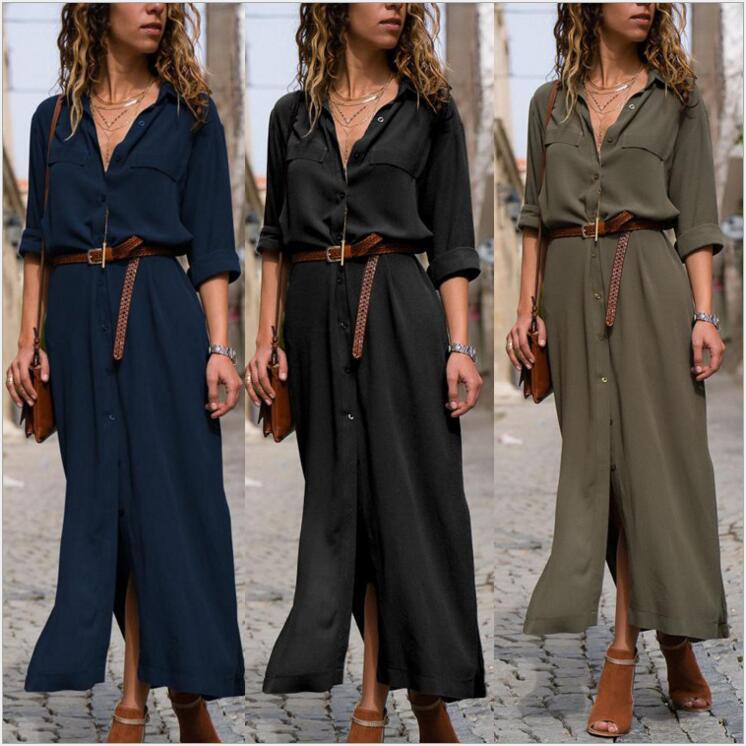 Women's Long Sleeve Skirt Button V-neck Long Dress With Belt Design 1