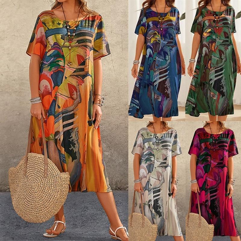 Fashion Casual Printed Dress Summer Short Sleeved Waist Round Neck Loose Beach Long Skirt 1