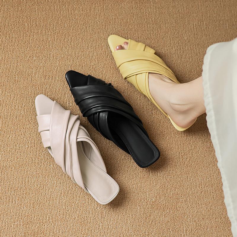 Women's Ruched Lambskin Slide Sandals, Square Toe Handmade Leather Flat Mules 1
