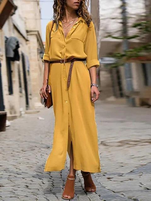 Women's Long Sleeve Skirt Button V-neck Long Dress With Belt Design 2