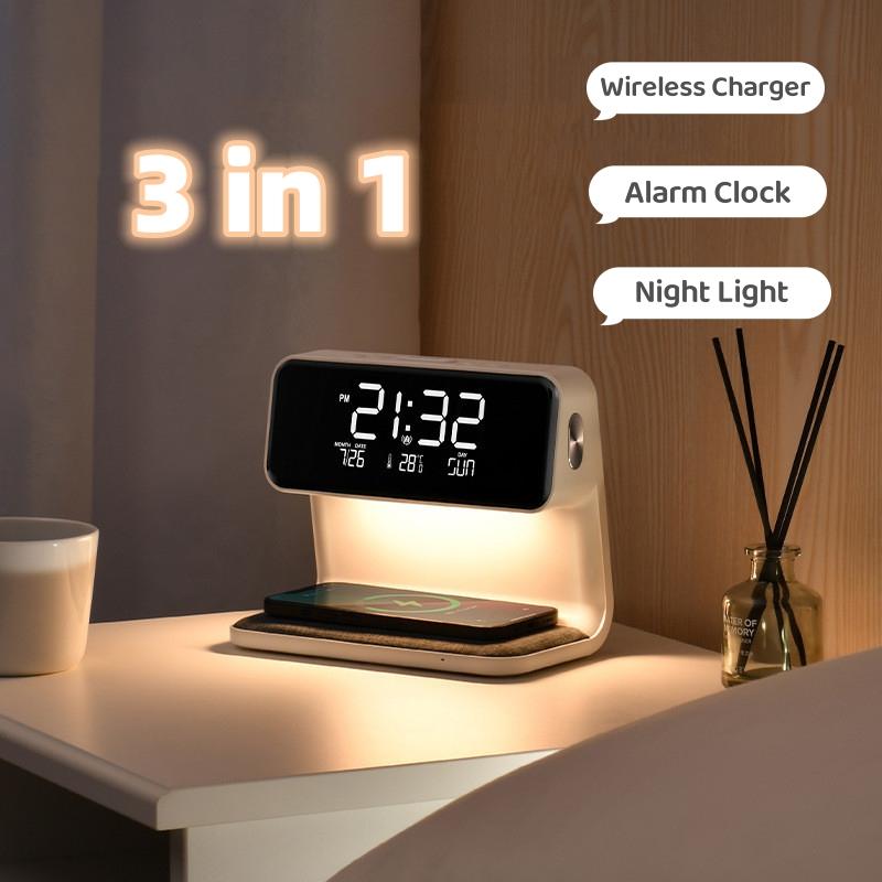 Creative 3 In 1 Bedside Lamp Wireless Charging LCD Screen Alarm Clock  Wireless Phone Charger 1
