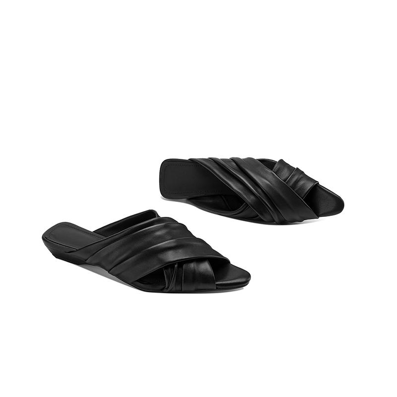 Women's Ruched Lambskin Slide Sandals, Square Toe Handmade Leather Flat Mules 7