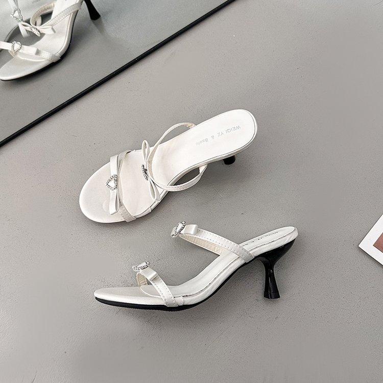 French Polka Dot Bow High-heeled Shoes For Women, White Round Toe Straight Strap Sandals For Women 2