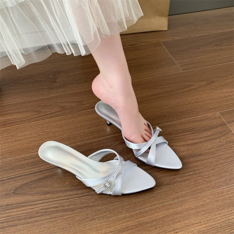 2026 Spring Summer New French Elegant One Strap Stiletto Heel Mule Slippers Women Fairy Style Open Toe Pointed Toe Fashion Shoes 2