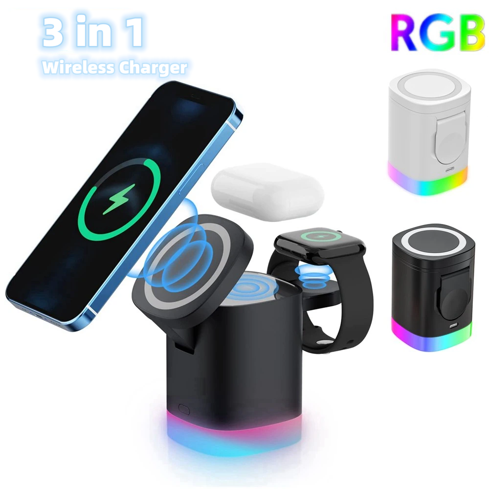 3 In 1 Magnetic Wireless Fast Charger For Smart Phone RGB Ambient Light Charging Station For Airpods IWatch 1