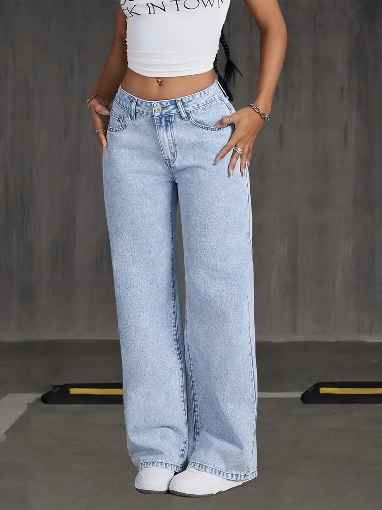 Women's High-Waisted Non-Stretch Wide Leg Jeans, Light Wash Straight Leg Denim Pants 2