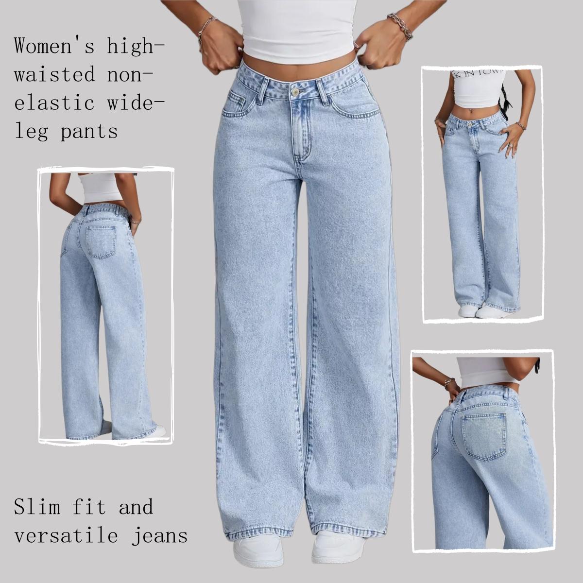 Women's High-Waisted Non-Stretch Wide Leg Jeans, Light Wash Straight Leg Denim Pants 1