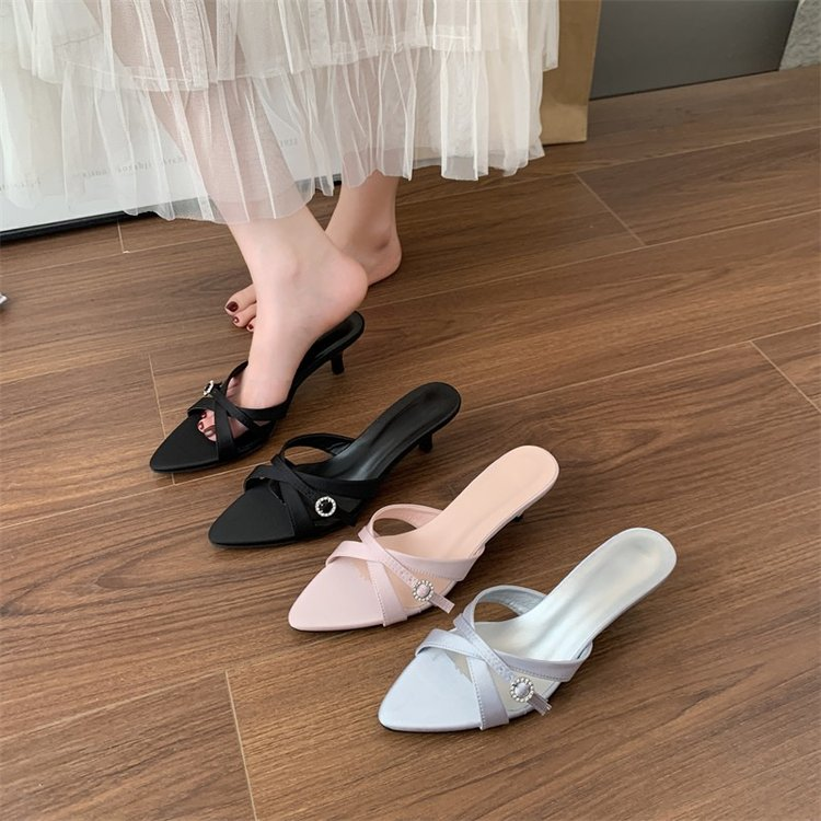 2026 Spring Summer New French Elegant One Strap Stiletto Heel Mule Slippers Women Fairy Style Open Toe Pointed Toe Fashion Shoes 1