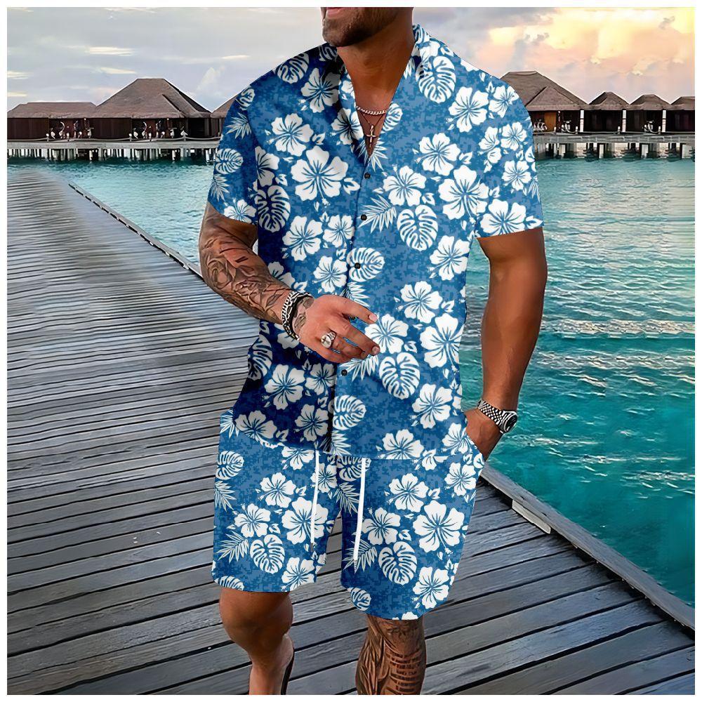 Mens Lapel Shirt And Shorts Set With 3D Print 17
