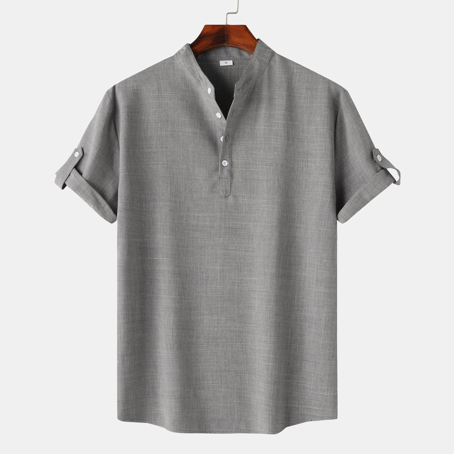 Men's Solid Color Stand Collar Short Sleeve Shirt 2