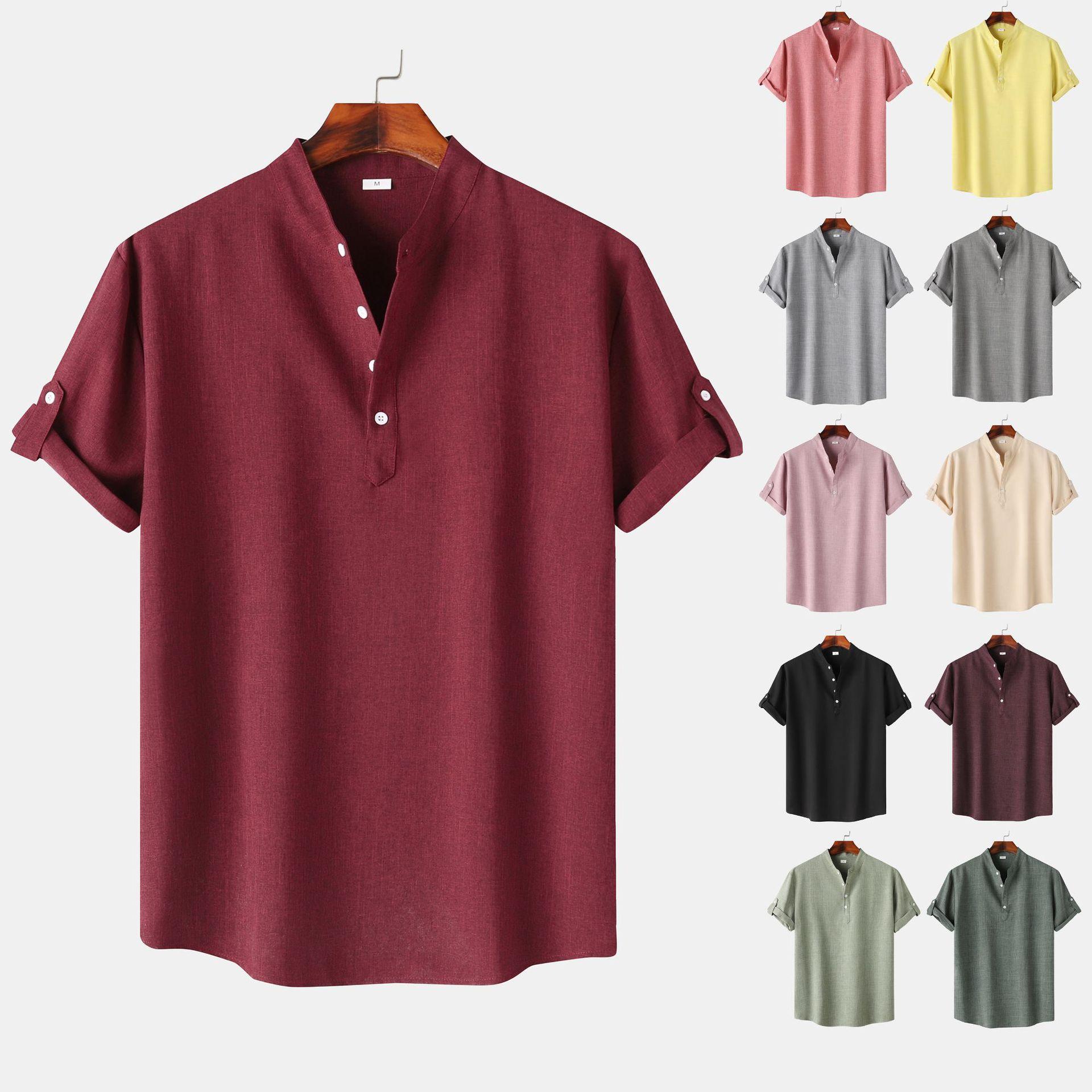 Men's Solid Color Stand Collar Short Sleeve Shirt 1