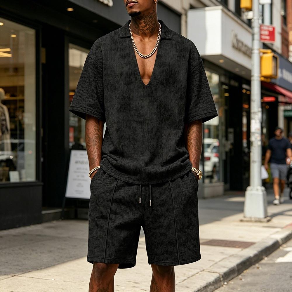 Mens Casual Sportswear Set V-neck T-shirt And Shorts 5