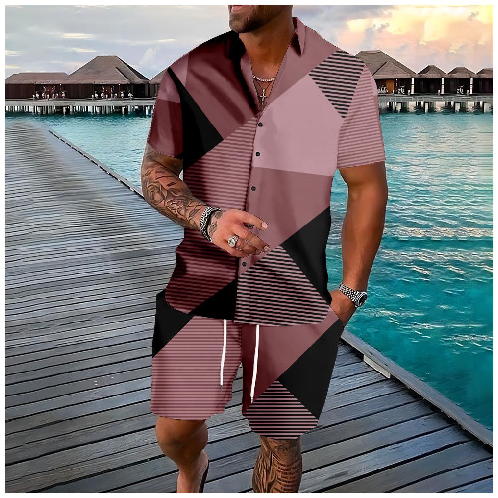 Mens Lapel Shirt And Shorts Set With 3D Print 18