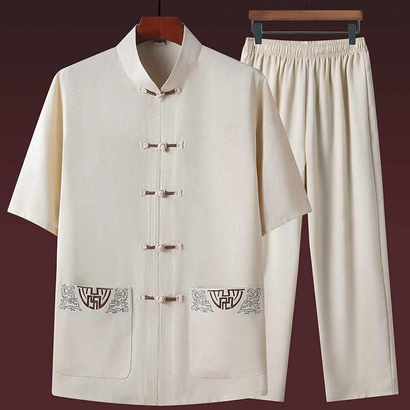 Mens Casual Summer Short-sleeve Ice-silk Shirt And Pants Set 7