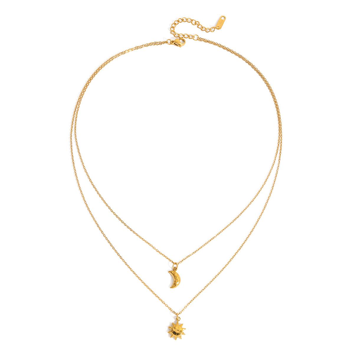 Stainless Steel 18K Gold Sun And Moon Pendant Necklace Double-layered Clavicle Chain 5