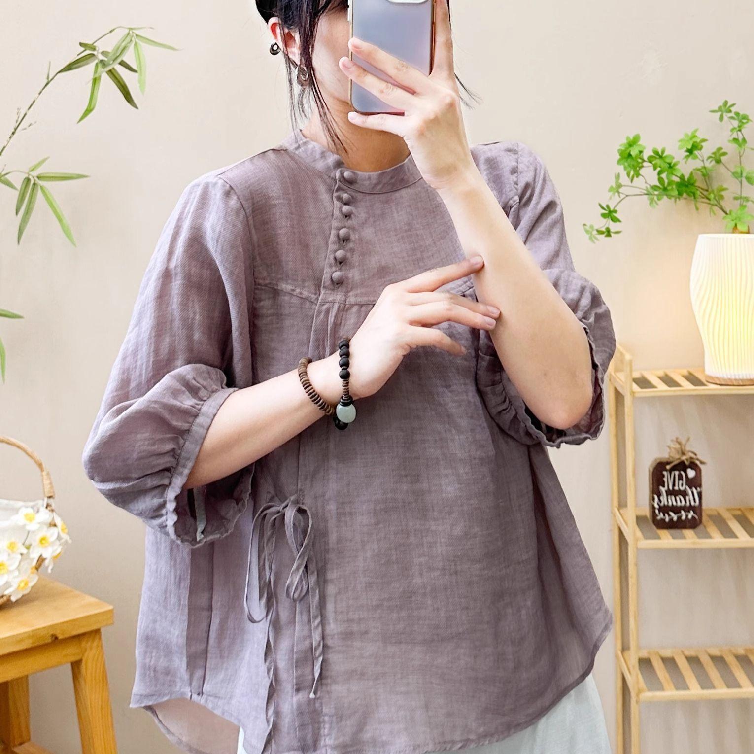 Five-point Solid-color Lace-up Short-sleeve Blouse Shirt 6