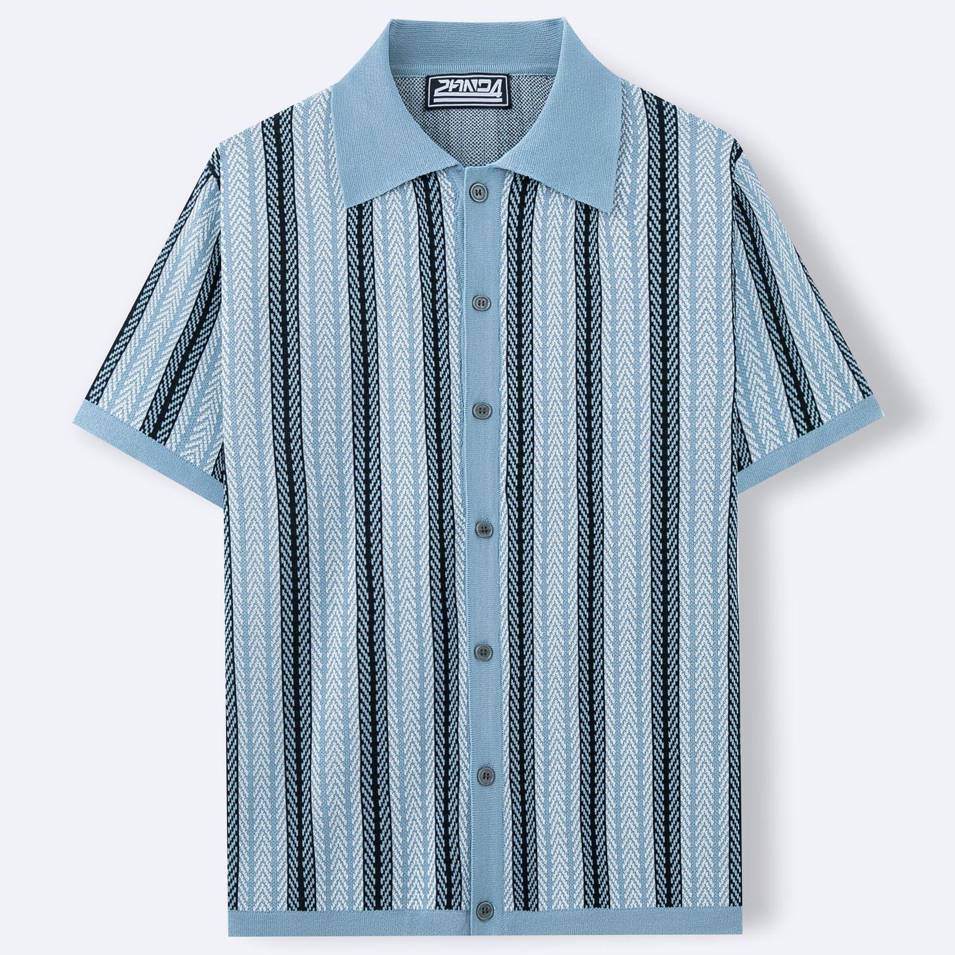 Men's Short-Sleeve Striped Knitted Cardigan Jacquard Polo Shirt 2