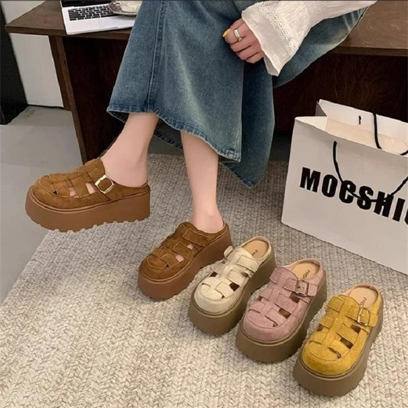 Small Chunky-soled Closed-toe Mule Sandals Hollow-out Roman Style Slippers 2