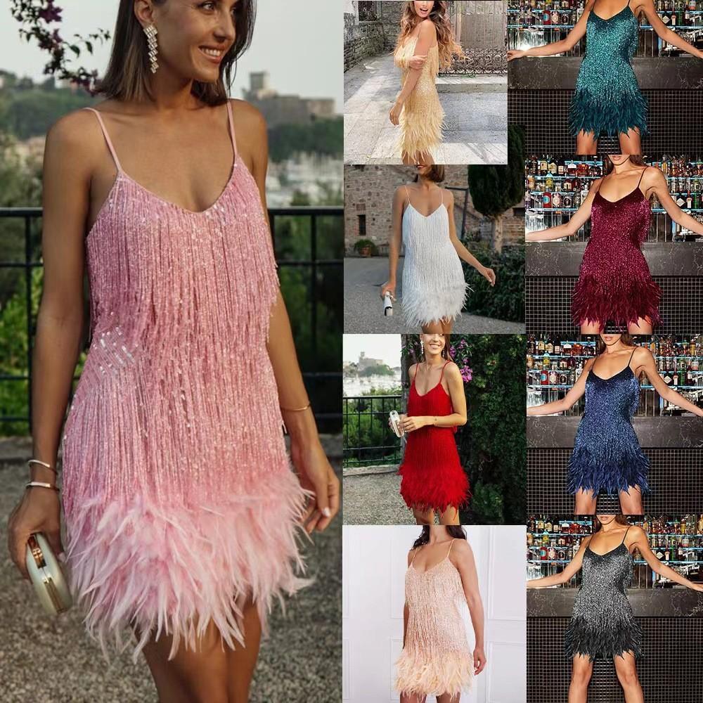 Sexy Tassel Sequins Feather Summer Mini Dress Women V Neck Spaghetti Strap Stitching Dresses Female Elegant Evening Party Club Dress 1