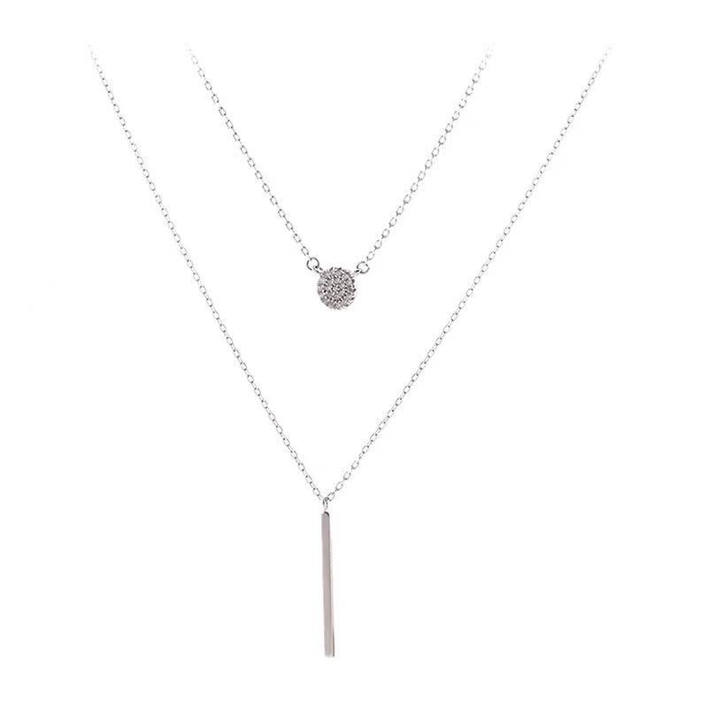 S925 Silver Color Double Chain Long Stick Micro Pave Zircon Round Pendant Necklaces For Women Trendy Jewelry 6