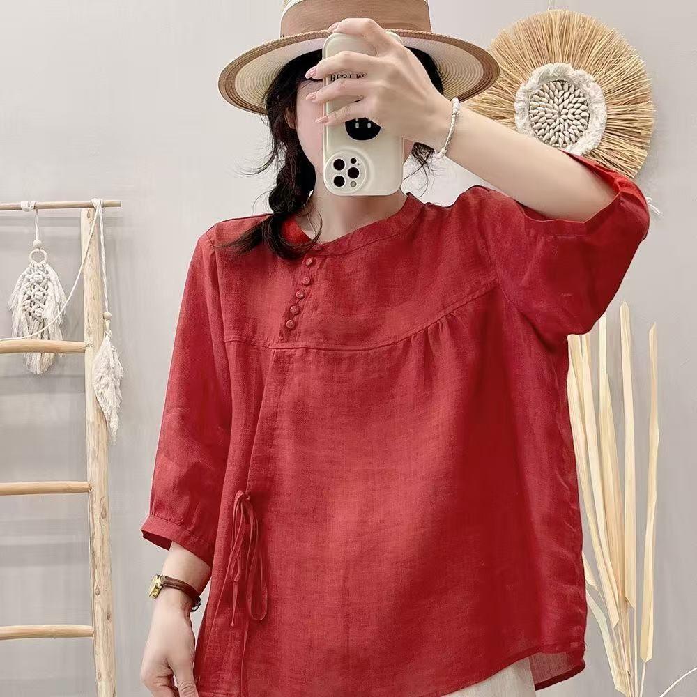 Five-point Solid-color Lace-up Short-sleeve Blouse Shirt 8