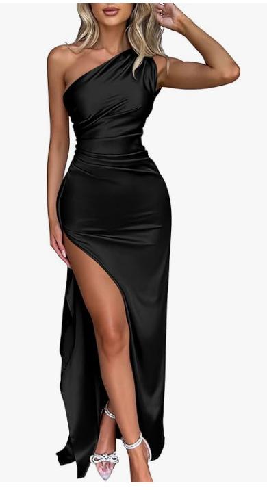 Slim-fit Solid Color One-shoulder Pleated Split Satin Dress 10