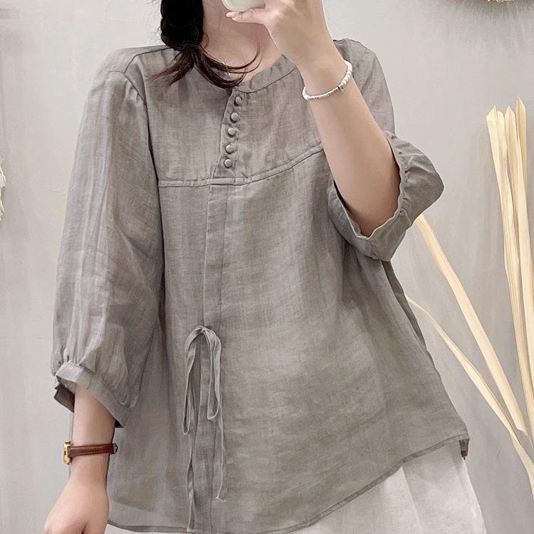 Five-point Solid-color Lace-up Short-sleeve Blouse Shirt 3