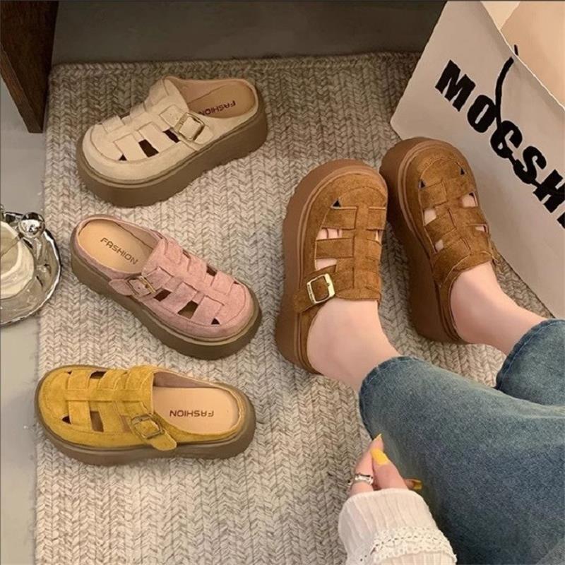Small Chunky-soled Closed-toe Mule Sandals Hollow-out Roman Style Slippers 1