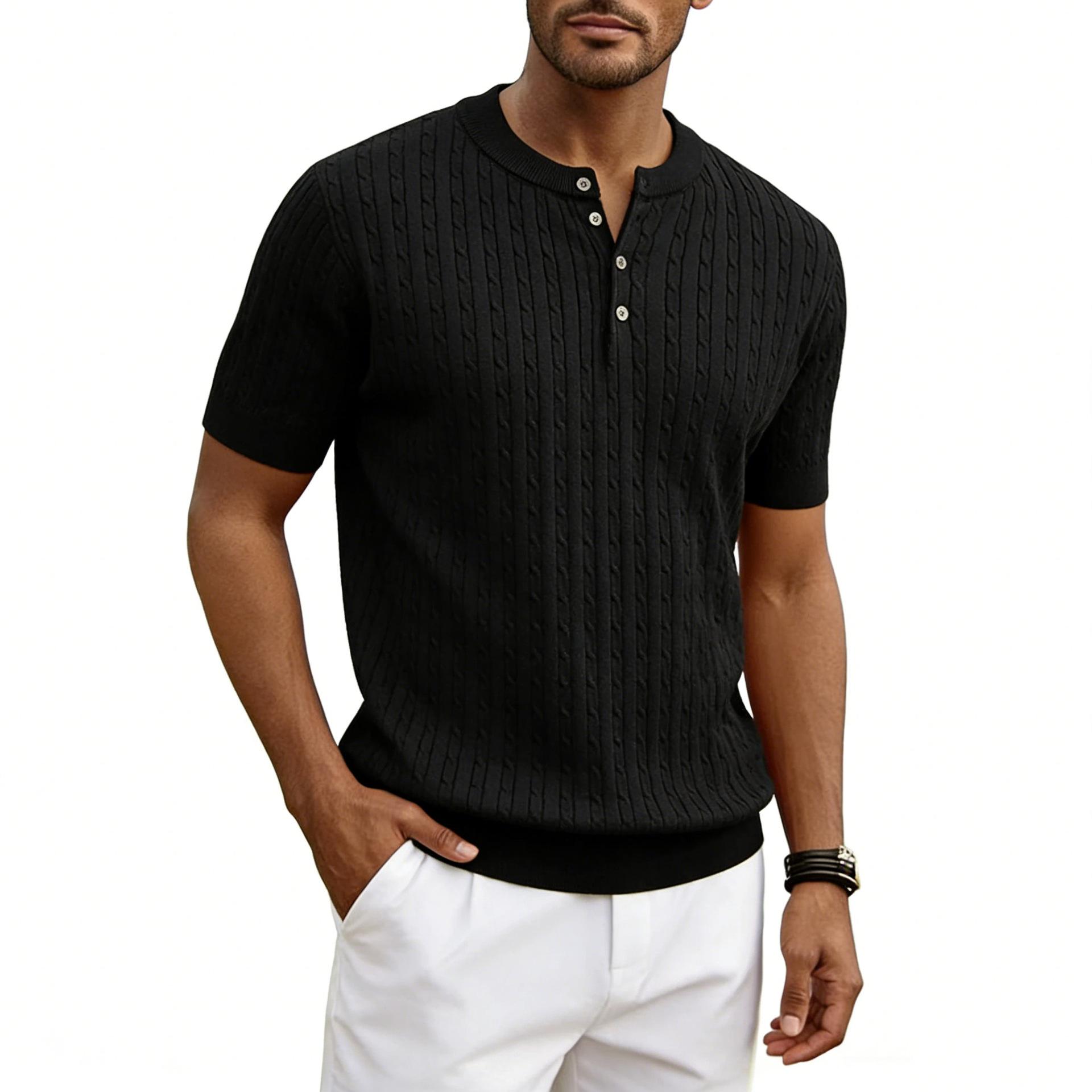 Men's Henry Collar Knit Sweater Short-sleeve T-shirt 5