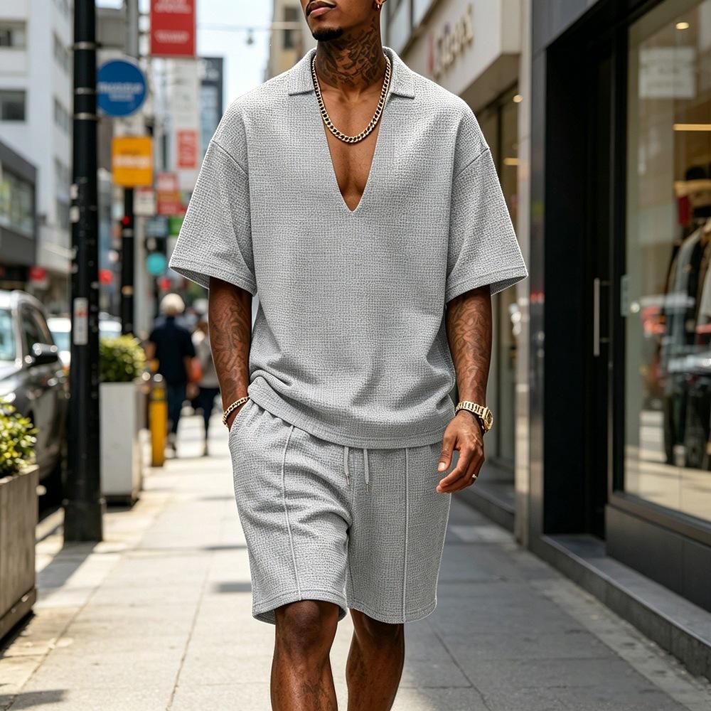Mens Casual Sportswear Set V-neck T-shirt And Shorts 6