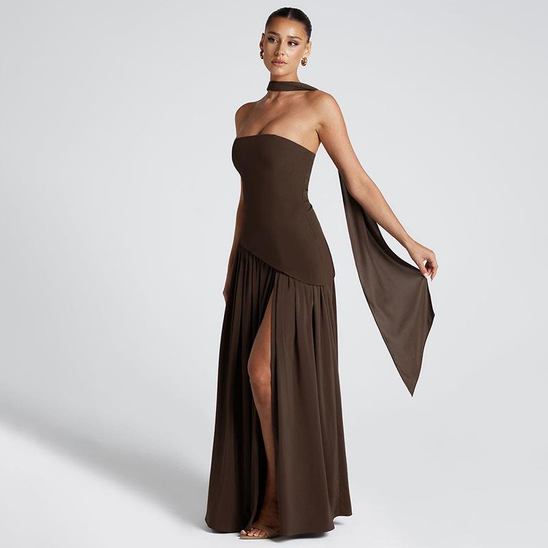 Pure Color Split Backless Elegant Streamer Dress 1