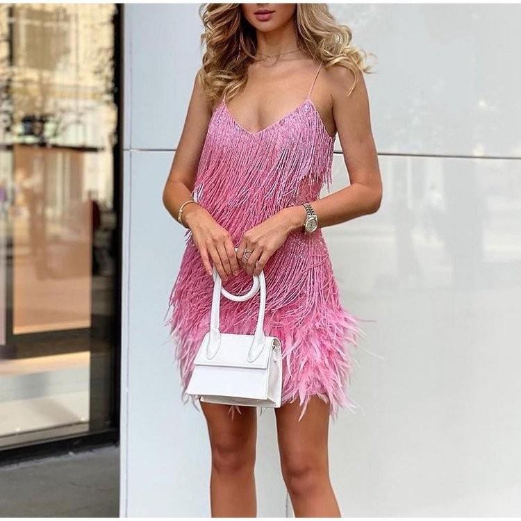 Sexy Tassel Sequins Feather Summer Mini Dress Women V Neck Spaghetti Strap Stitching Dresses Female Elegant Evening Party Club Dress 2