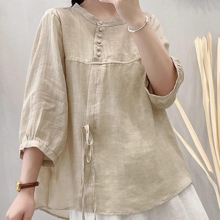 Five-point Solid-color Lace-up Short-sleeve Blouse Shirt 9
