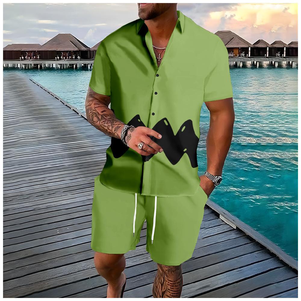Mens Lapel Shirt And Shorts Set With 3D Print 19