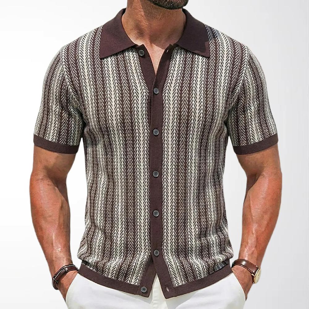 Men's Short-Sleeve Striped Knitted Cardigan Jacquard Polo Shirt 7