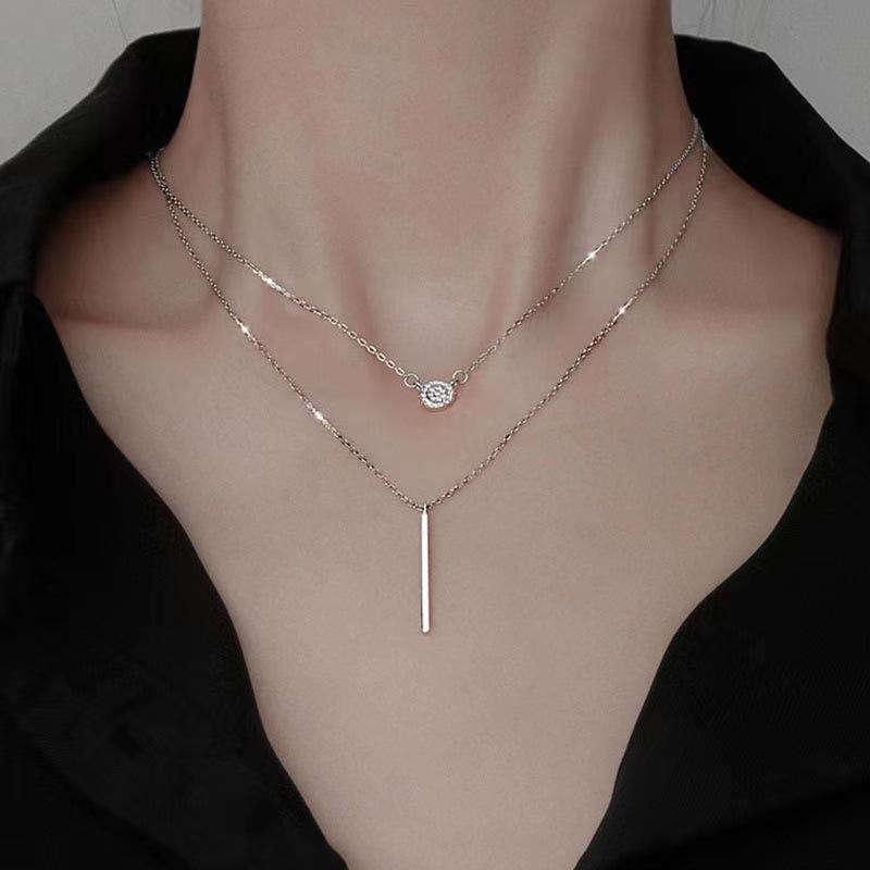 S925 Silver Color Double Chain Long Stick Micro Pave Zircon Round Pendant Necklaces For Women Trendy Jewelry 2
