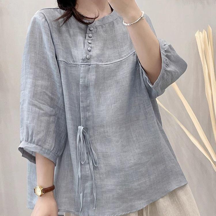 Five-point Solid-color Lace-up Short-sleeve Blouse Shirt 7