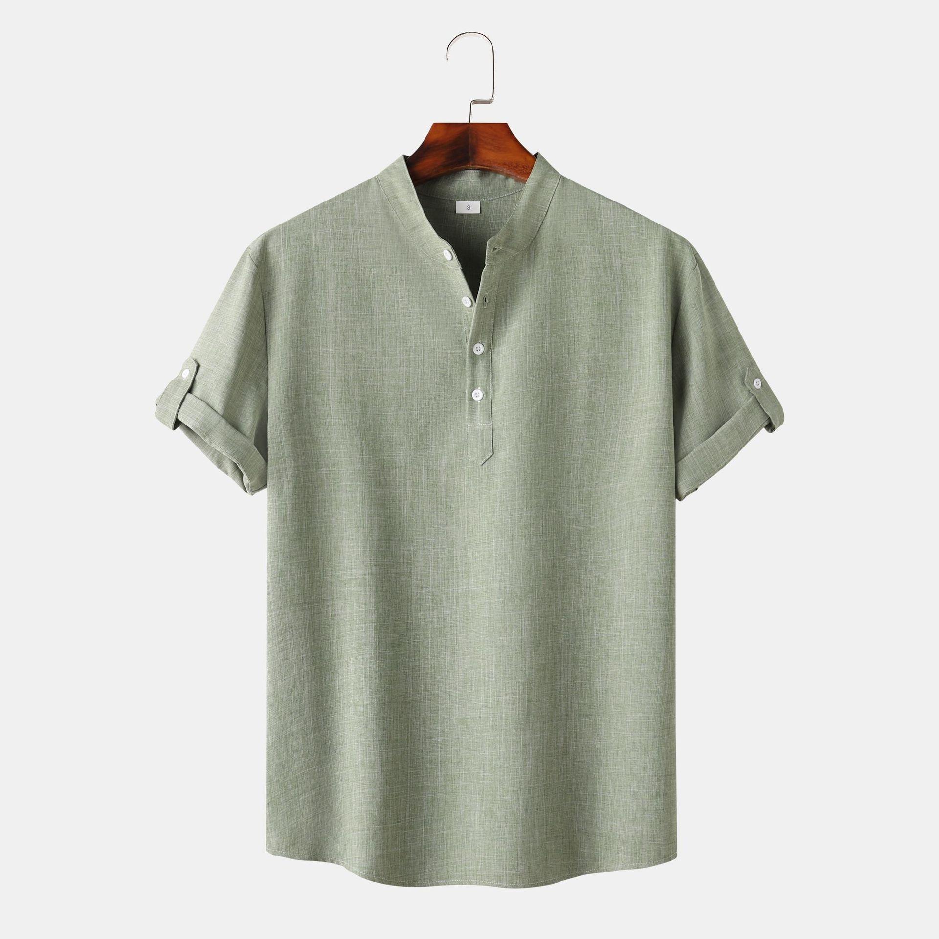 Men's Solid Color Stand Collar Short Sleeve Shirt 22