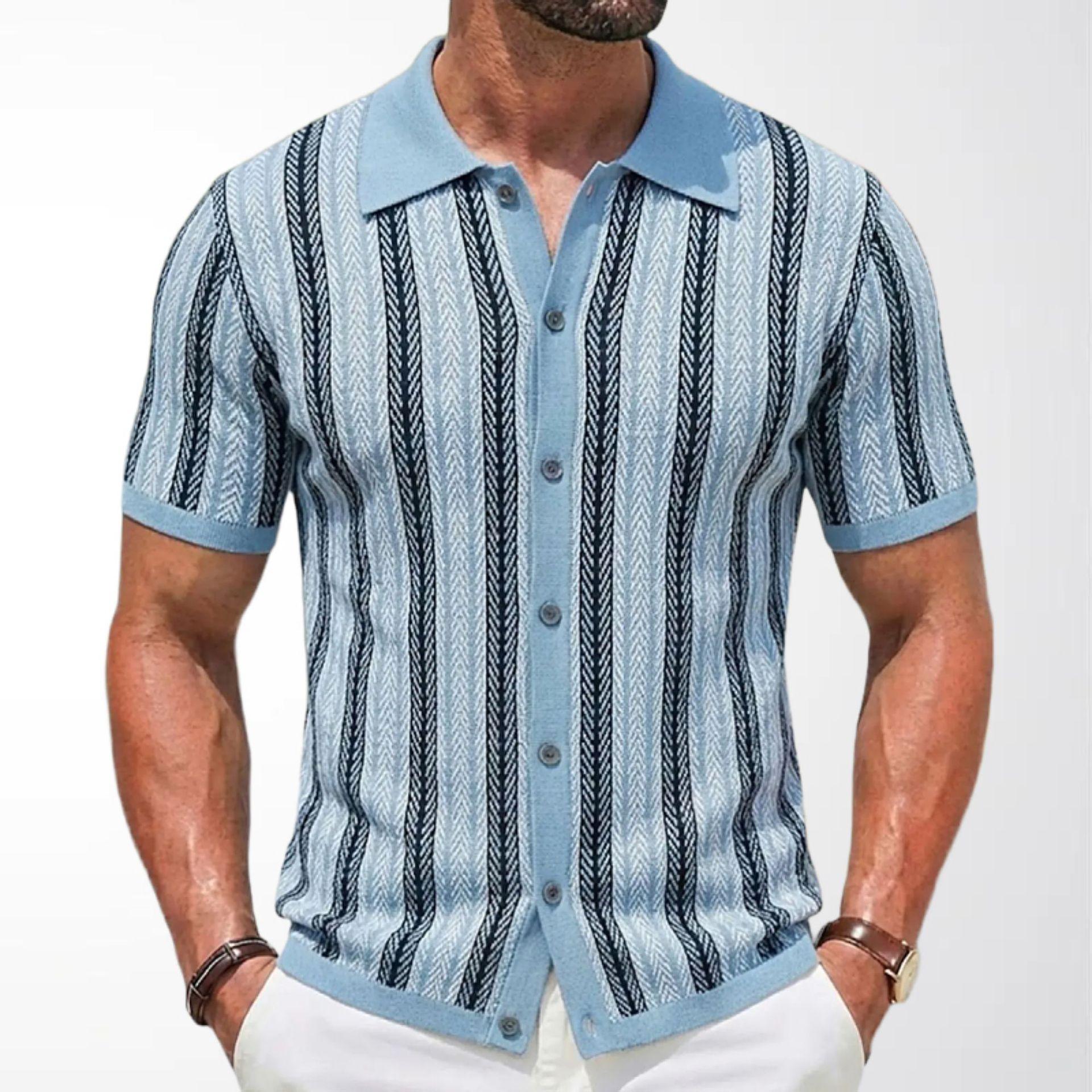 Men's Short-Sleeve Striped Knitted Cardigan Jacquard Polo Shirt 1