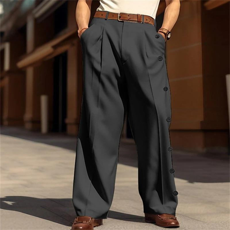 Mens Formal Solid-color Single-breasted Loose-fit Straight-leg Twill Suit Pants 3