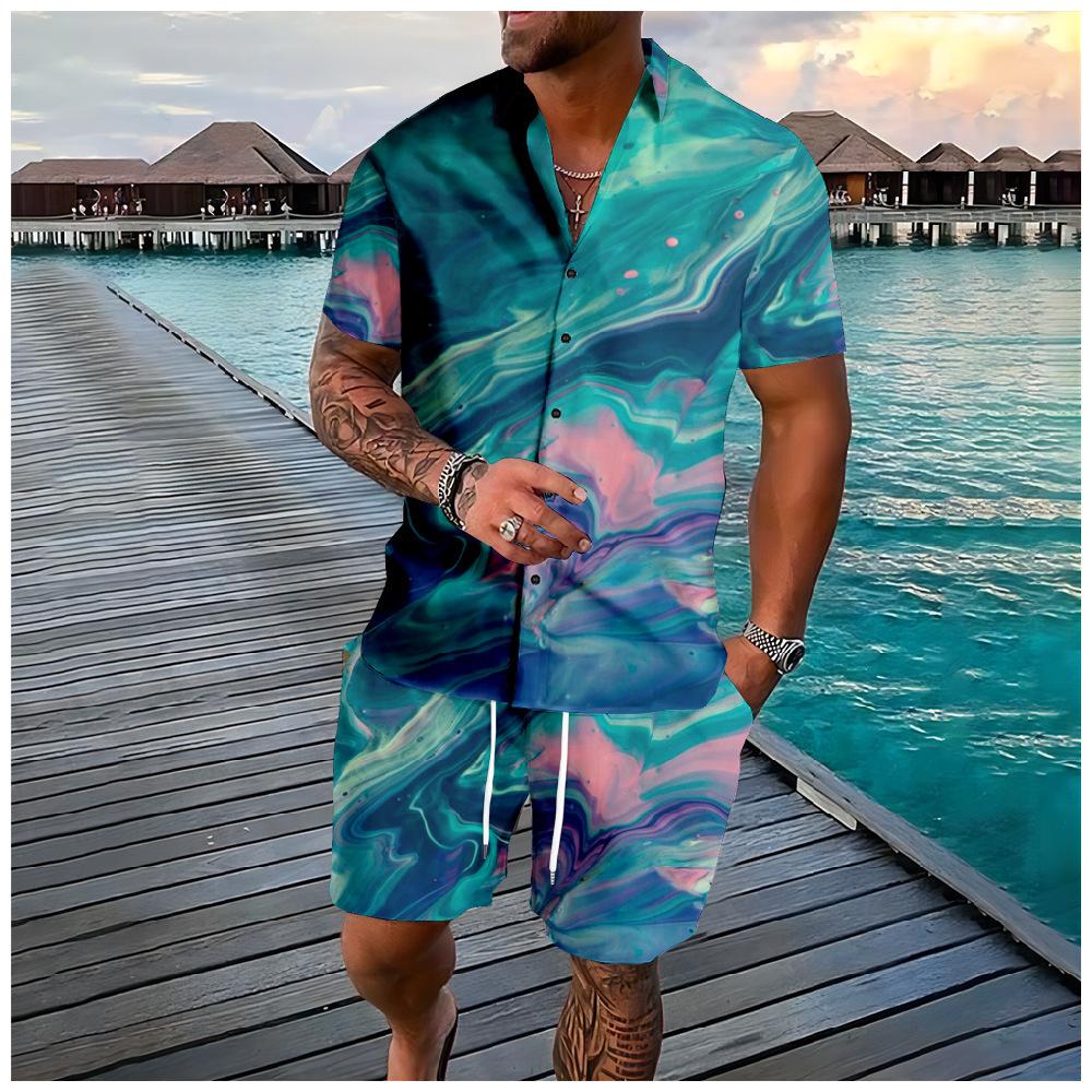 Mens Lapel Shirt And Shorts Set With 3D Print 16