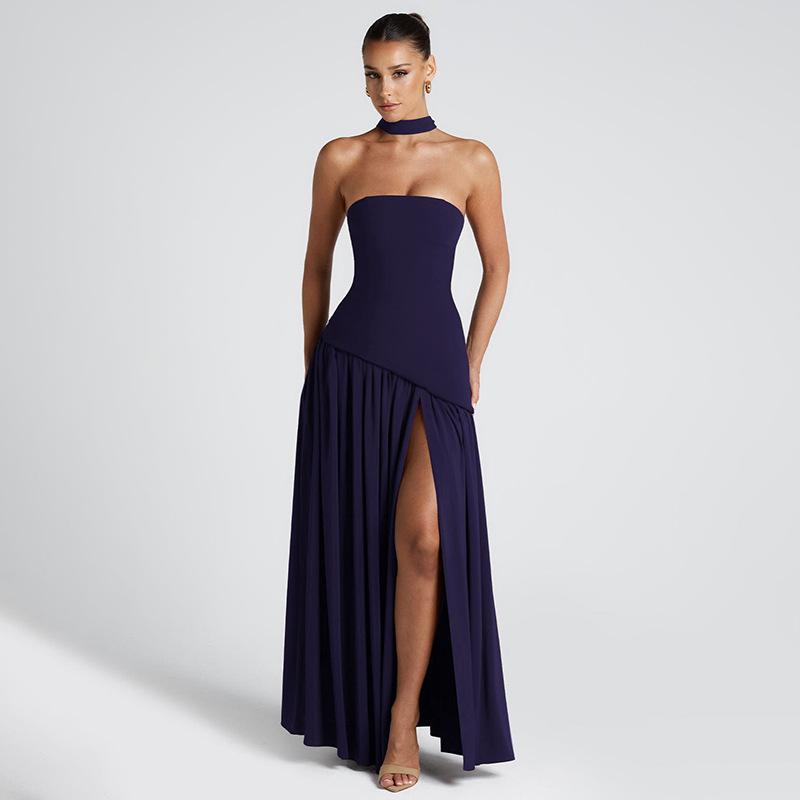 Pure Color Split Backless Elegant Streamer Dress 2