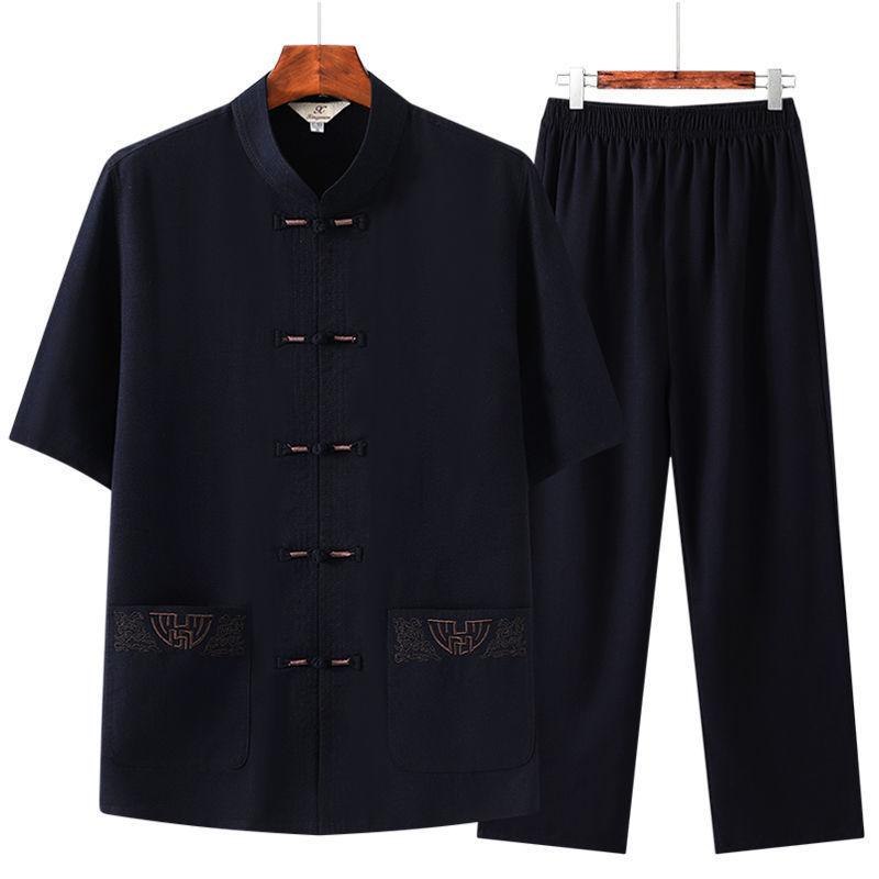 Mens Casual Summer Short-sleeve Ice-silk Shirt And Pants Set 3