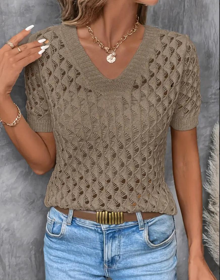 Knitted V-neck Short-sleeve Top Hollow-out Knit Sweater 8