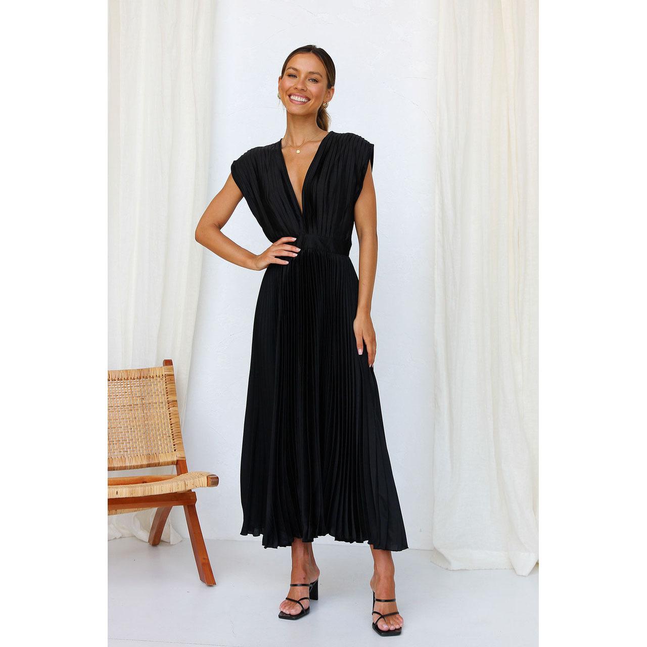 Summer V-neck Pleated Dress INS Fashion Casual Loose Zip Sleeveless Dresses For Women Clothing 2