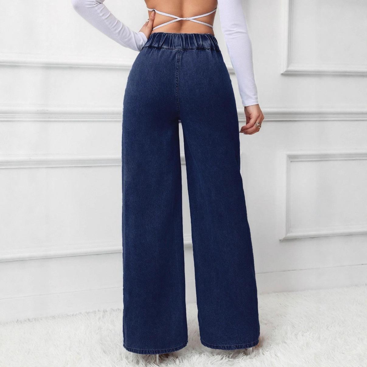 Women's Retro Deep Blue High-Waist Wide-Leg Jeans 2
