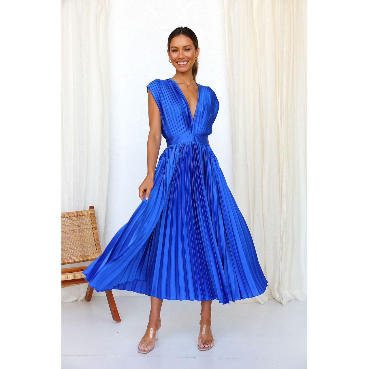 Summer V-neck Pleated Dress INS Fashion Casual Loose Zip Sleeveless Dresses For Women Clothing 5